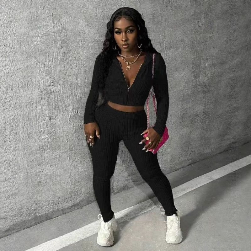 Casual Solid Color Knitted Long-sleeved Two-piece Set