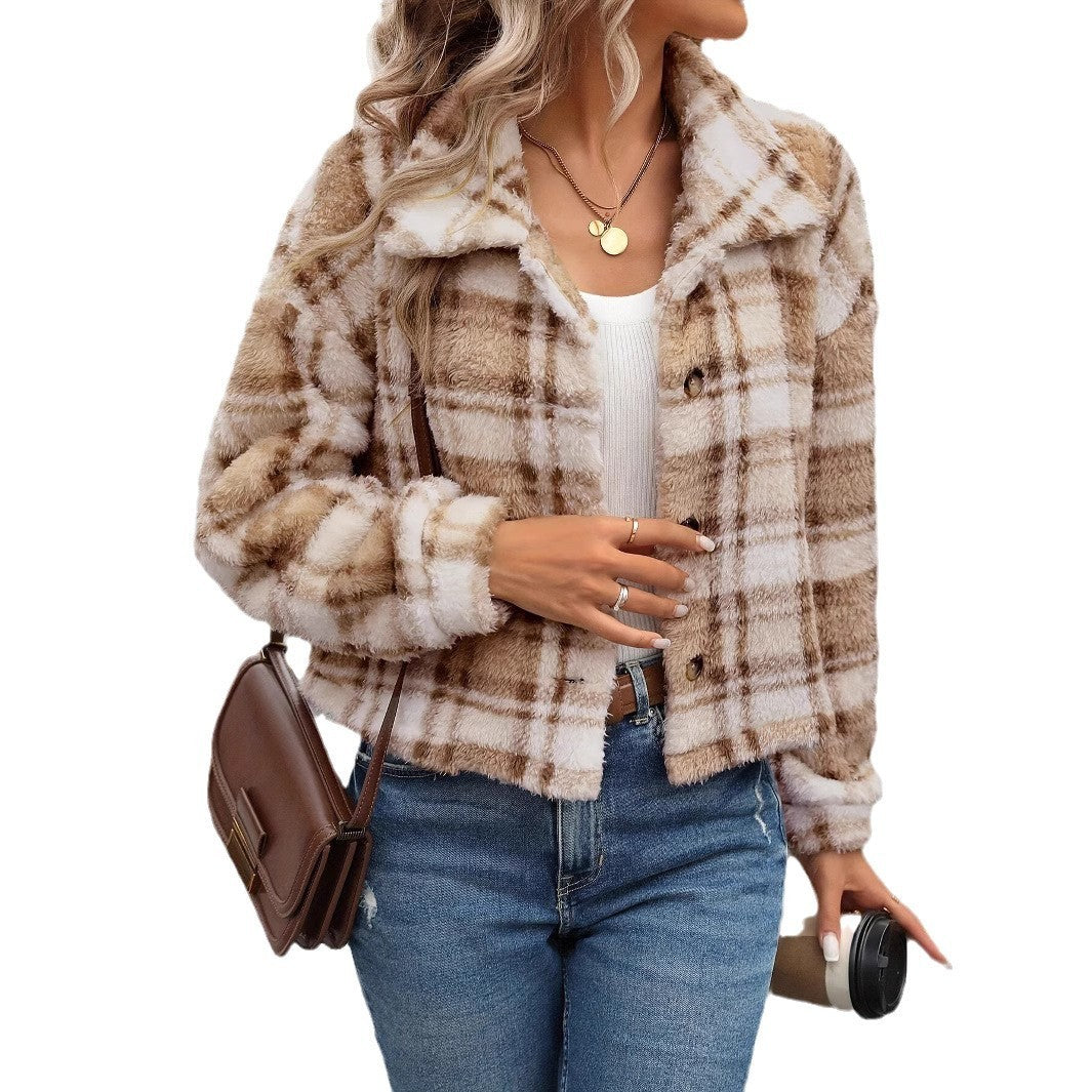 Double-sided Plush Plaid Button Cardigan Casual Coat For Women