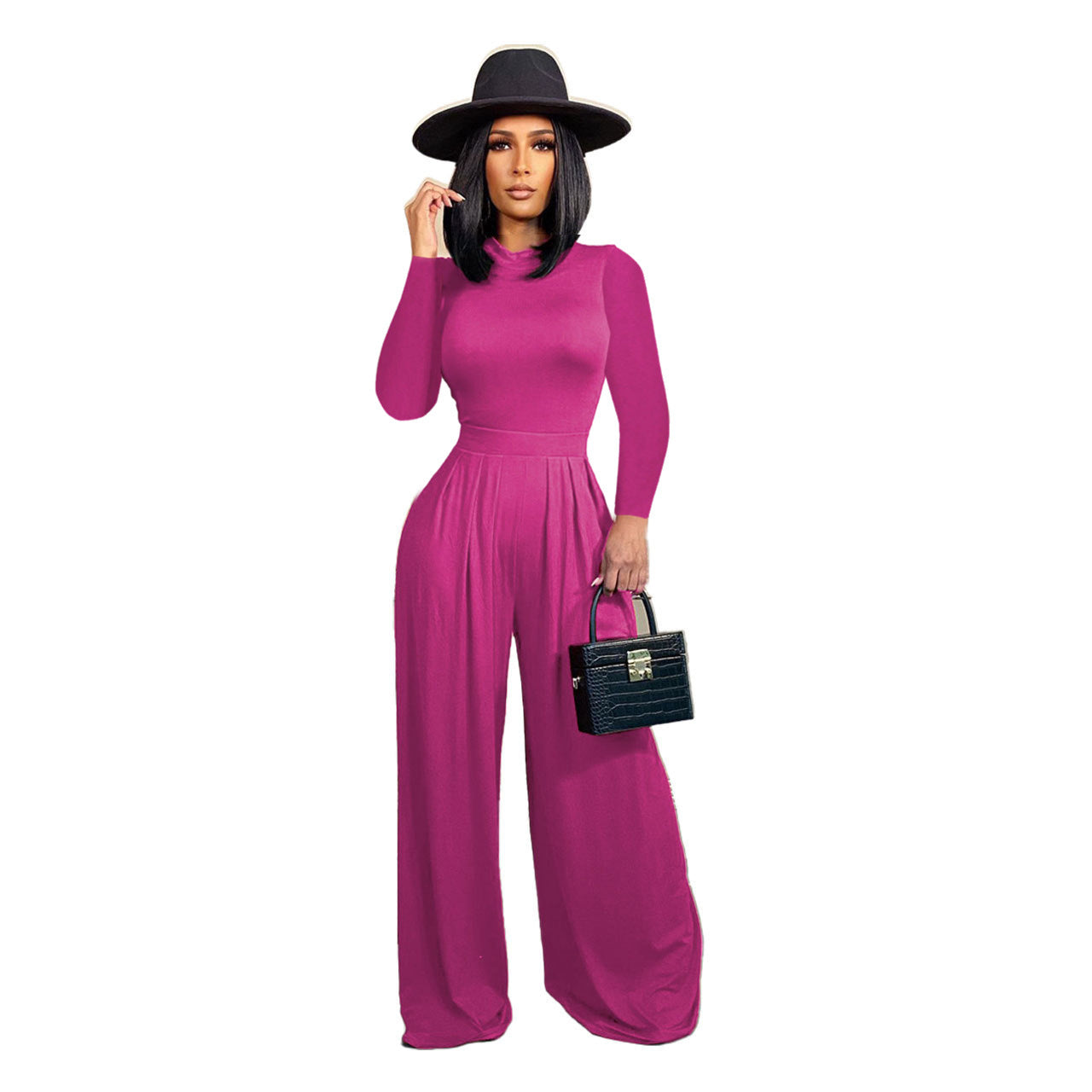 Fashion Solid Color Long-sleeved Wide-leg Jumpsuit