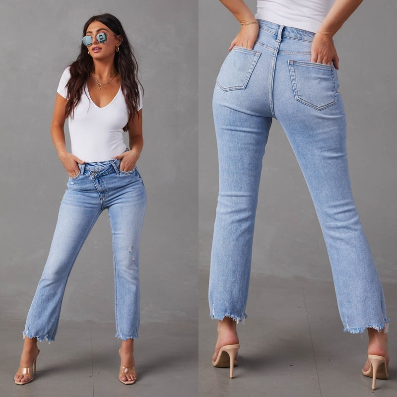 Women wearing light blue fashion wash jeans with hole details and raw hem, styled in European and American fashion