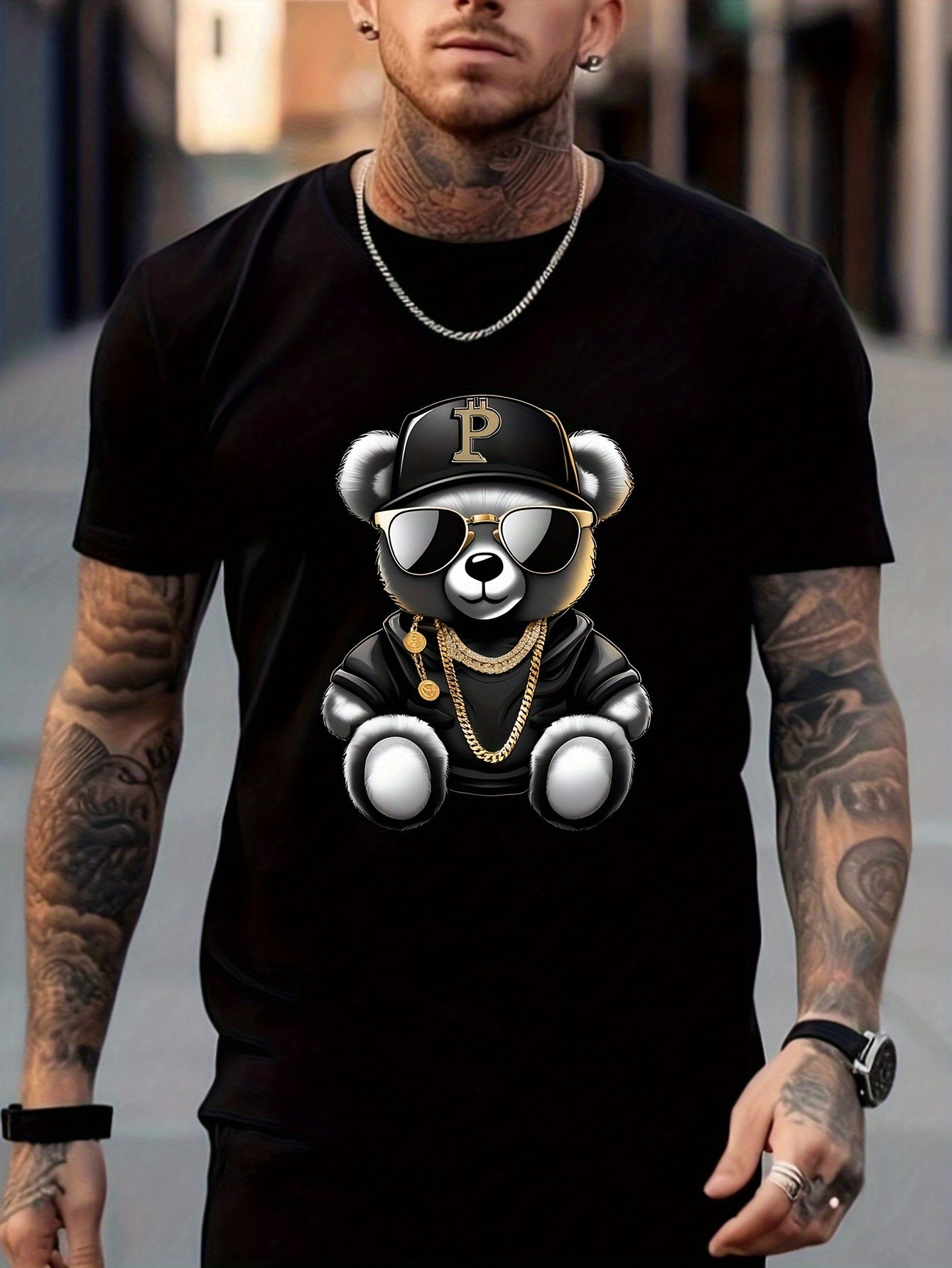 Men's T-shirt, Sunglasses Bear Print Short Sleeved Round Neck T-shirt, Summer Casual Outdoor Comfortable Clothing