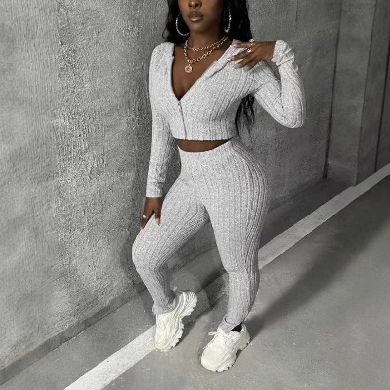 Casual Solid Color Knitted Long-sleeved Two-piece Set