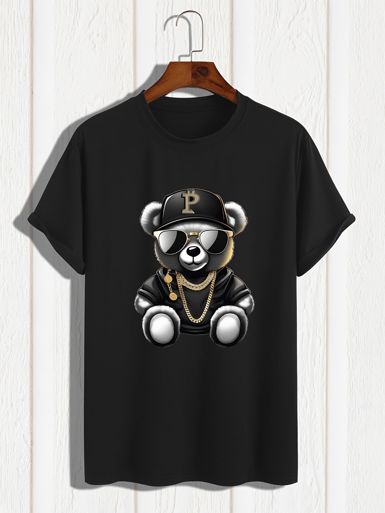 Men's T-shirt, Sunglasses Bear Print Short Sleeved Round Neck T-shirt, Summer Casual Outdoor Comfortable Clothing