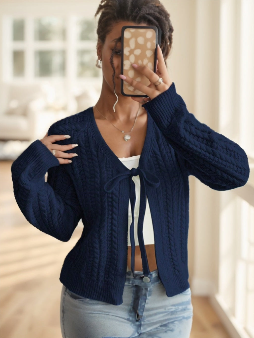 Casual Versatile Wheat Ear Textured Bowknot Front Long Sleeve Pullover Cardigan For Women,Long Sleeve Tops