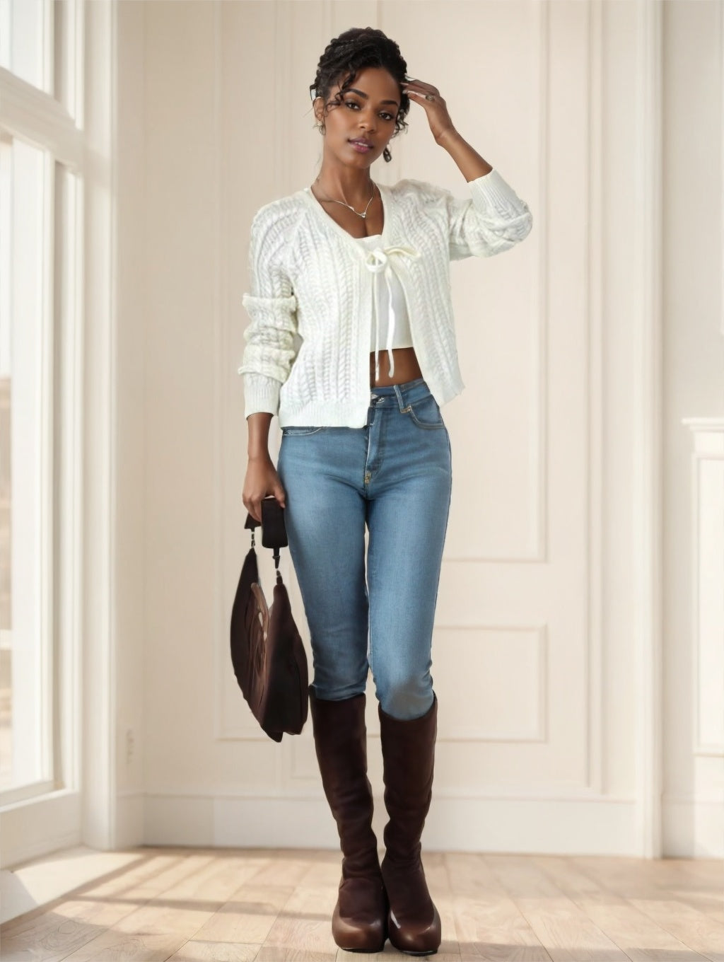 Casual Versatile Wheat Ear Textured Bowknot Front Long Sleeve Pullover Cardigan For Women,Long Sleeve Tops