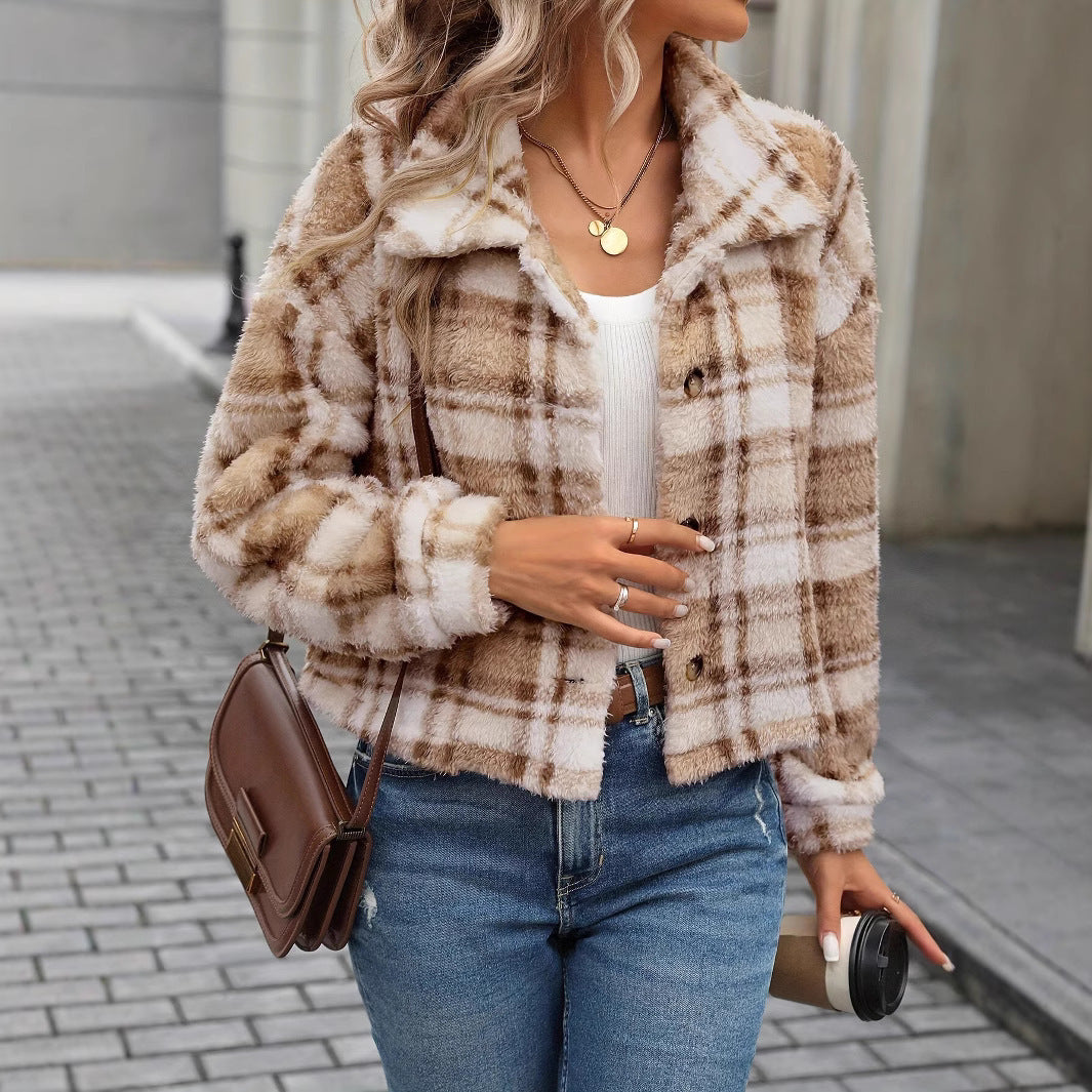 Double-sided Plush Plaid Button Cardigan Casual Coat For Women