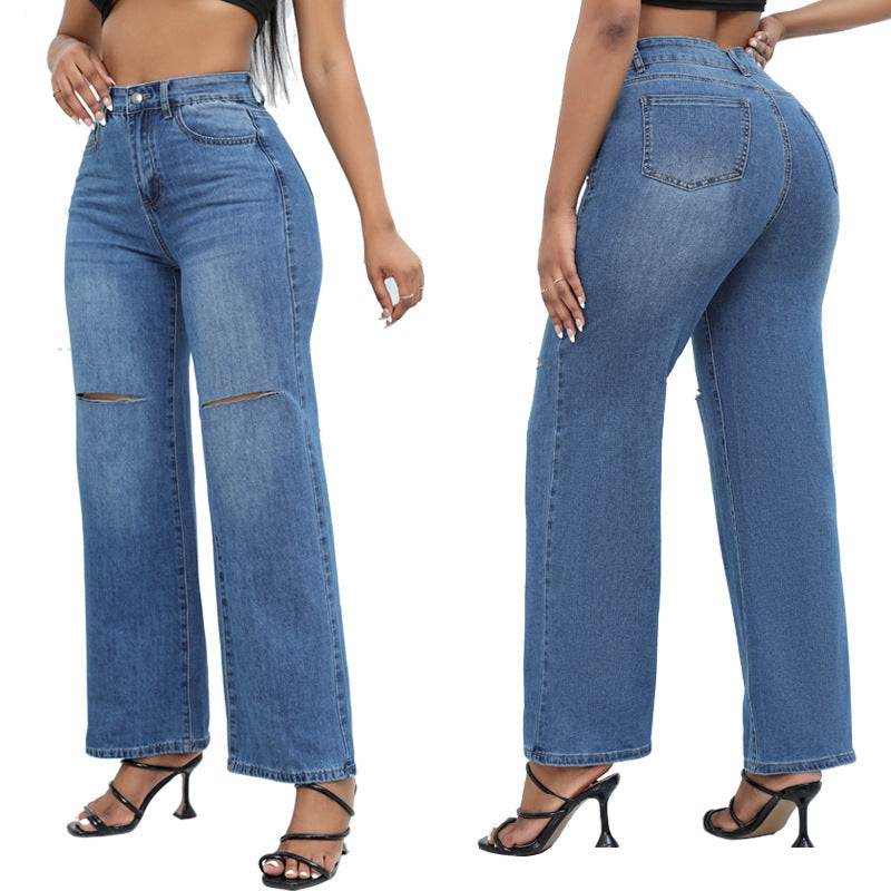 Elegant mid-waist ripped wide-leg denim jeans for women in blue shown from front and back.