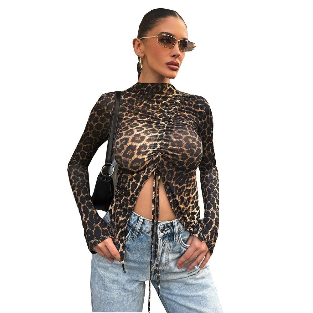 Female Leopard Print Drawstring Versatile Tight Long Sleeved Shirt