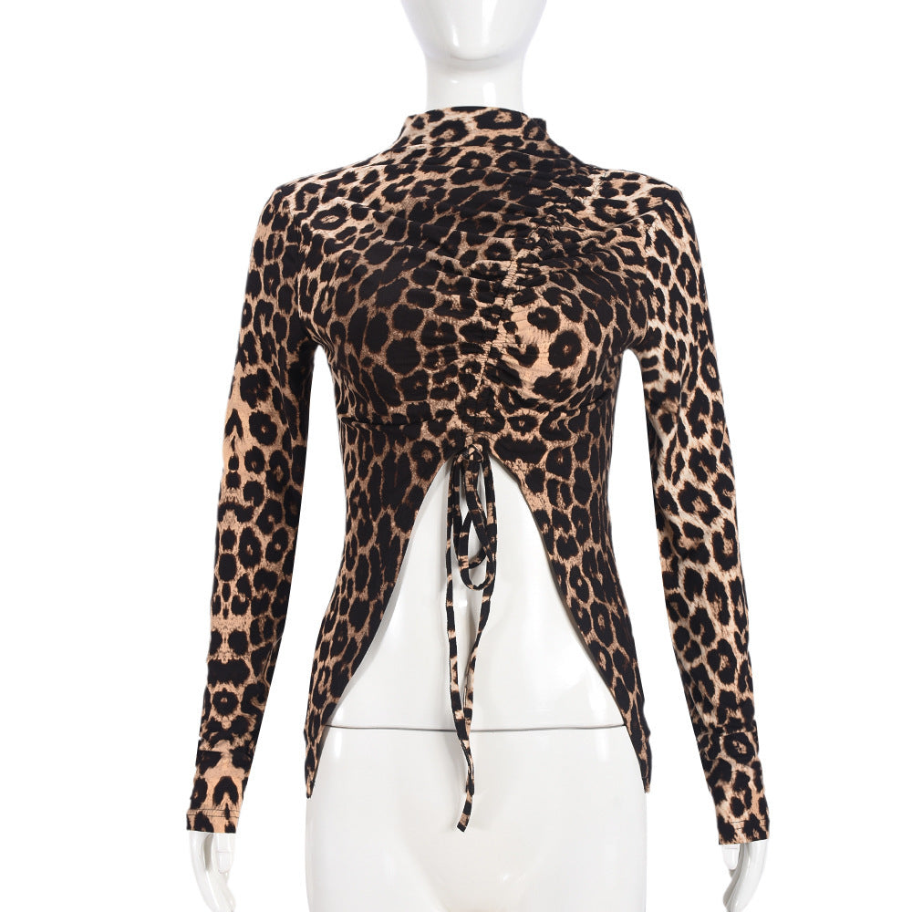 Female Leopard Print Drawstring Versatile Tight Long Sleeved Shirt