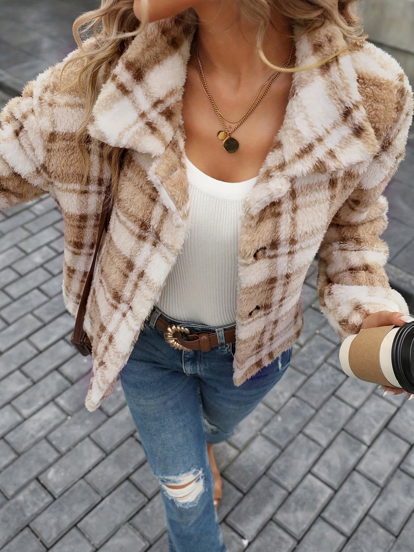 Double-sided Plush Plaid Button Cardigan Casual Coat For Women
