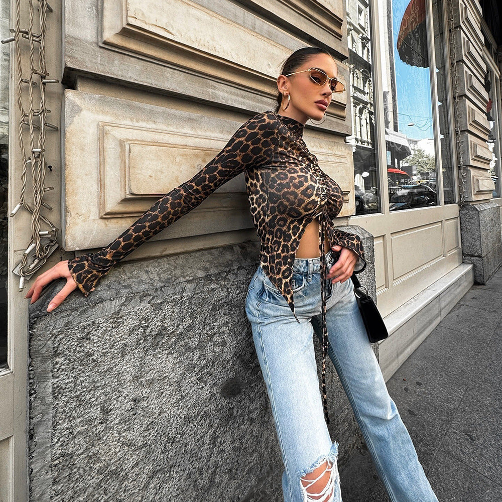 Female Leopard Print Drawstring Versatile Tight Long Sleeved Shirt