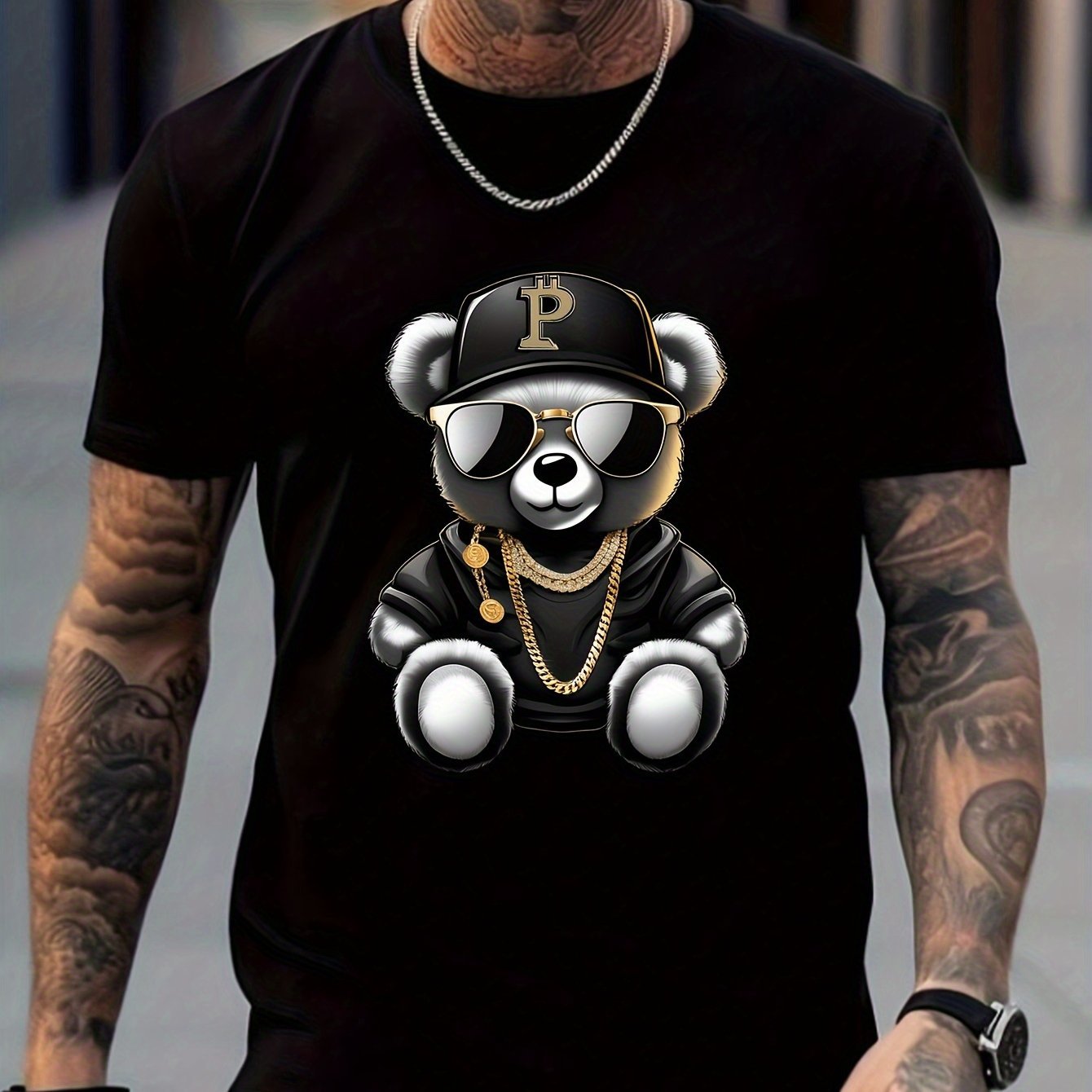 Men's T-shirt, Sunglasses Bear Print Short Sleeved Round Neck T-shirt, Summer Casual Outdoor Comfortable Clothing