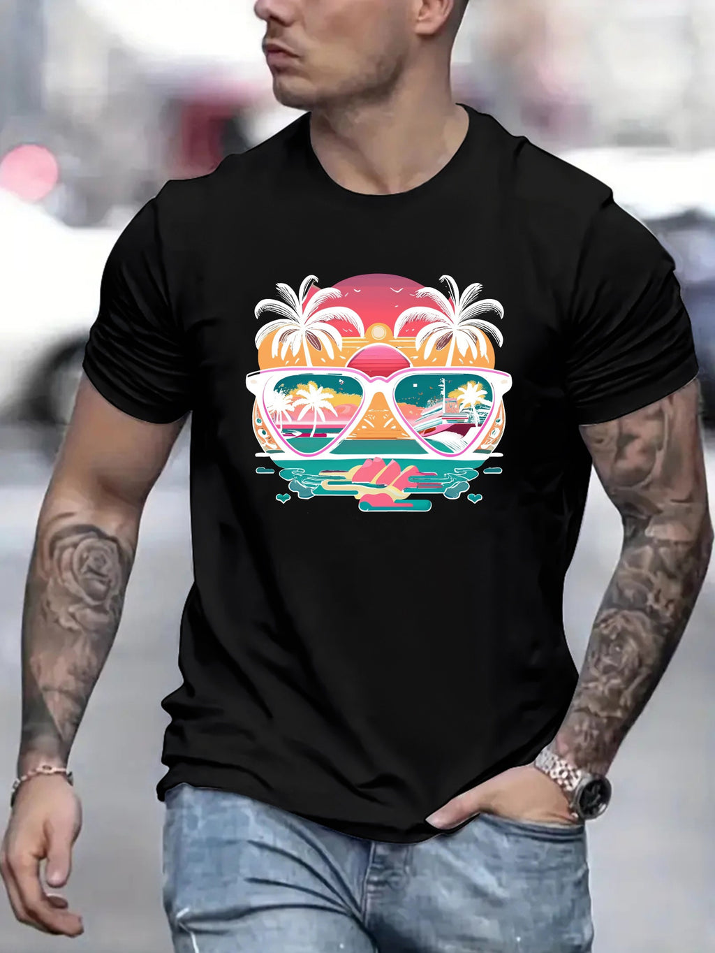 Coconut Tree Sunglasses Print, Men's Round Neck Short Sleeved Shirt, Casual And Comfortable Breathable Top For Spring And Summer Vacation, Men's Casual Vacation As A Gift