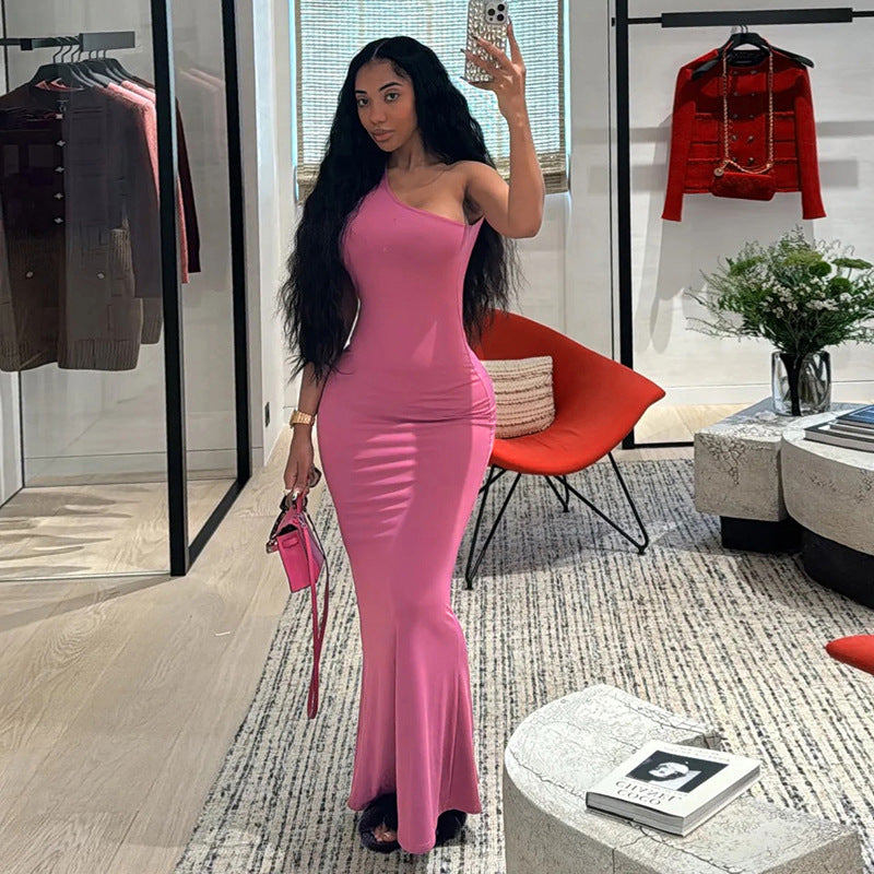 Creative One Shoulder Sleeveless Backless High Waist Slim Fit Dress