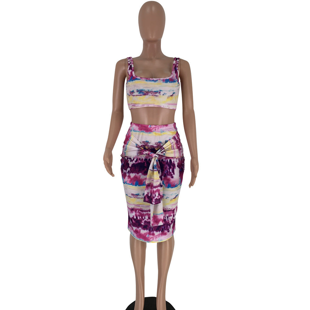 Women's tie-dye suspender skirt suit