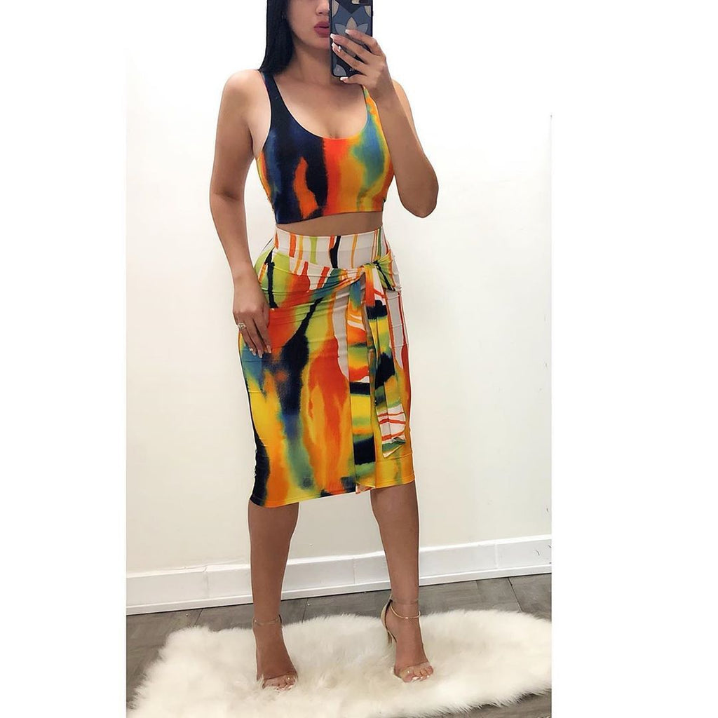 Women's tie-dye suspender skirt suit