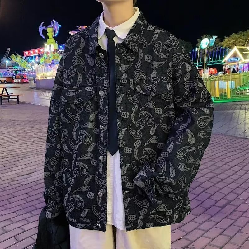 Spring And Autumn Black Jacquard Plaid Denim Jacket