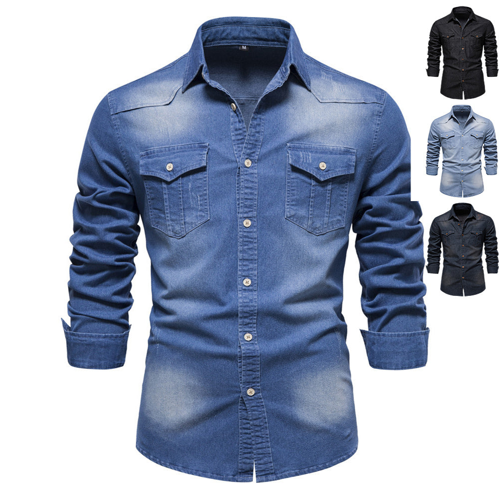 Men's long-sleeved slim fit denim shirt with button closure and chest pockets in various colors