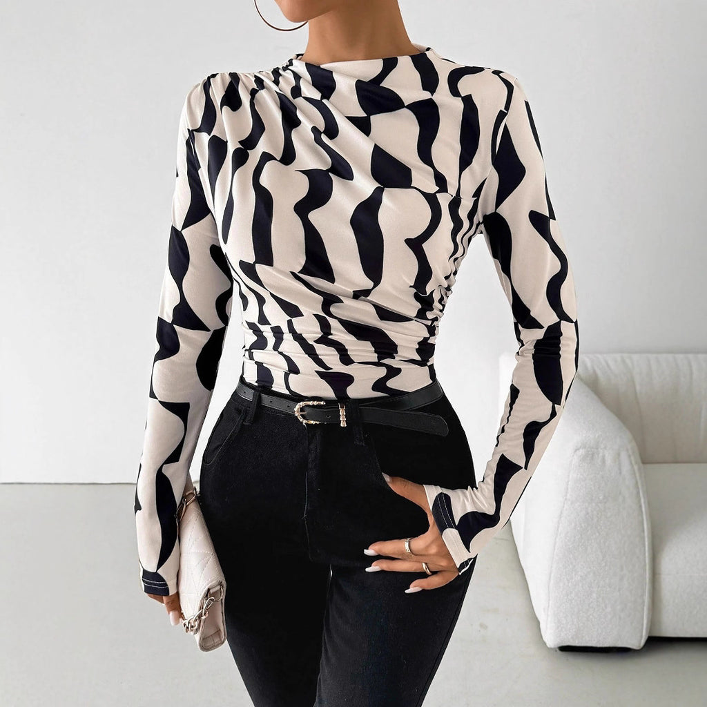 Small Stand Collar Pleated Edge Printing Slim Fit Slimming Top Women