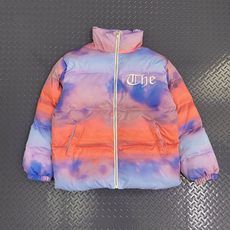 Hand-Filled Cotton Jacket With Printed Gradient Blue Sky And White Cloud Frame Colla