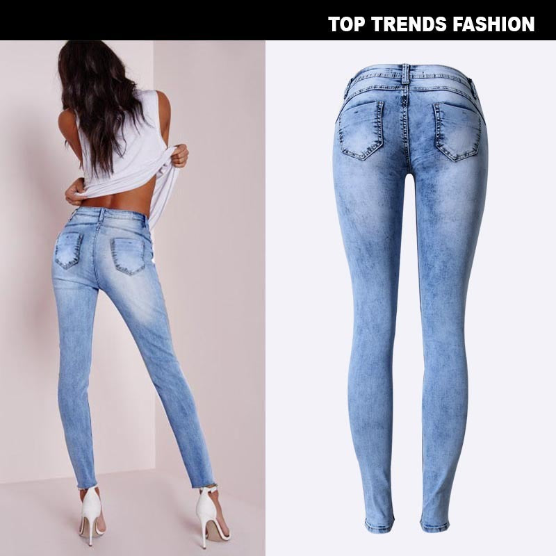 Summer Style Low Waist Sky Blue Patchwork Skinny Tights Women Pencil Jeans High Stretch Sexy Push Up Denim Women Fashion Jeans