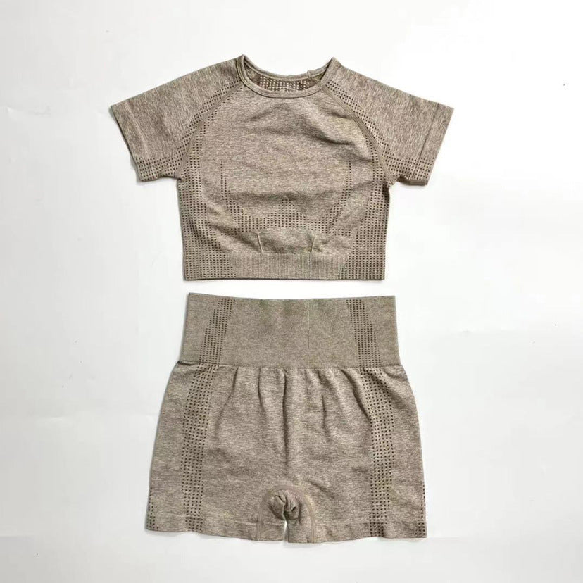 SpringSummer European And American Quick-Drying Short-Sleeved Fitness Clothes Cross-Border Seamless Yoga Clothes High Waist Sports Shorts Yoga Suit Women