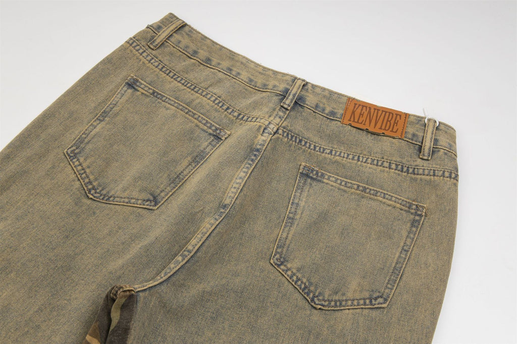 Camouflage Stitching Distressed Raw Hem Jeans Men
