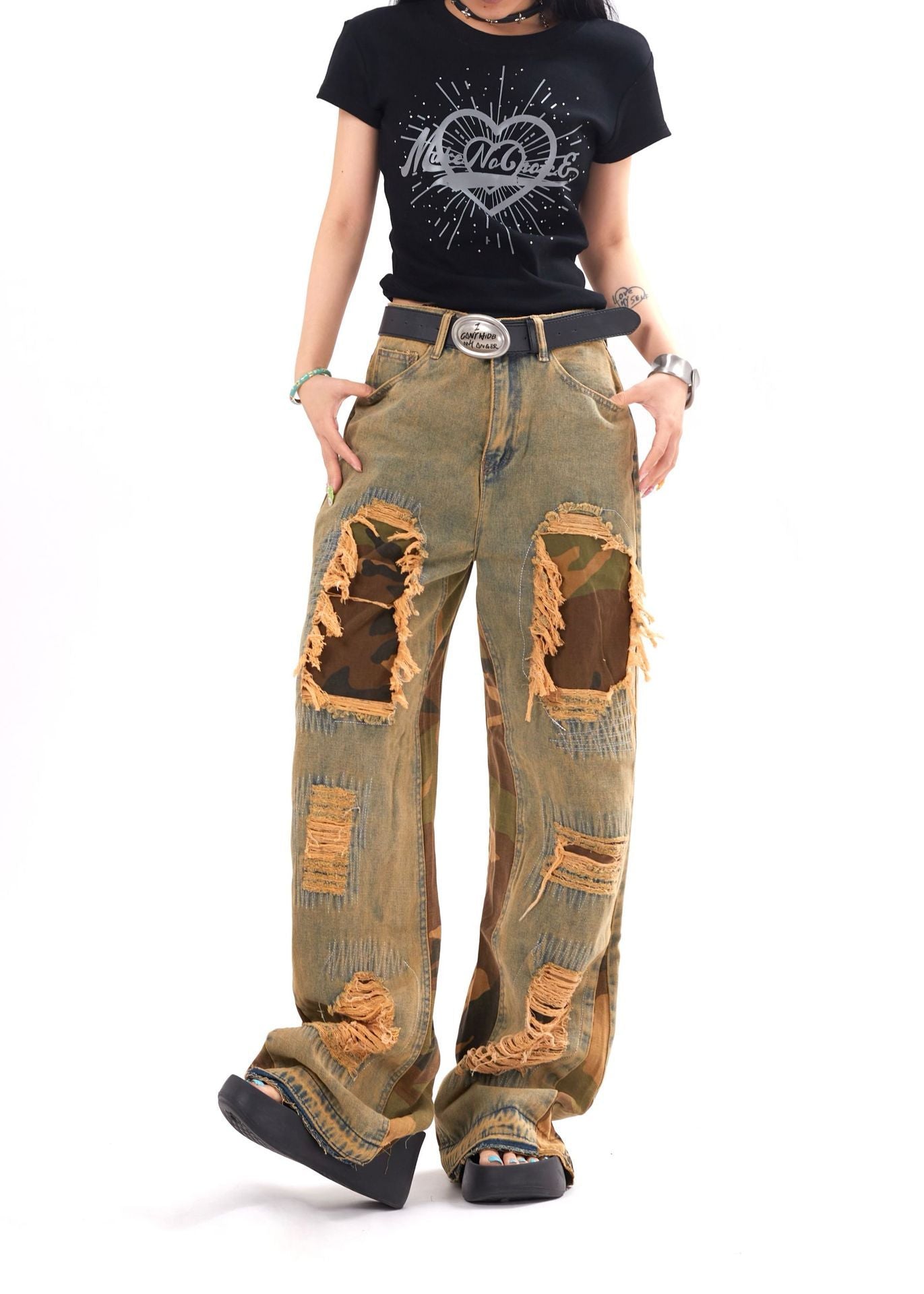 Camouflage Stitching Distressed Raw Hem Jeans Men