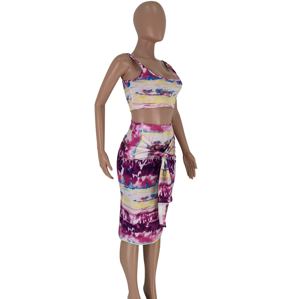 Women's tie-dye suspender skirt suit