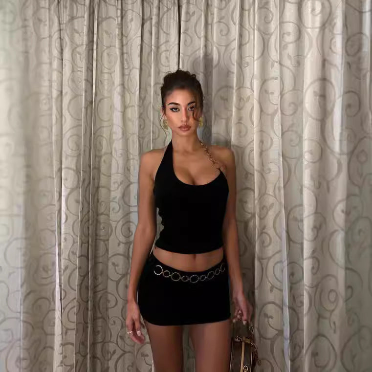 Iron Chain Halter Wrapped Chest Ultra Short Skirt Outfit