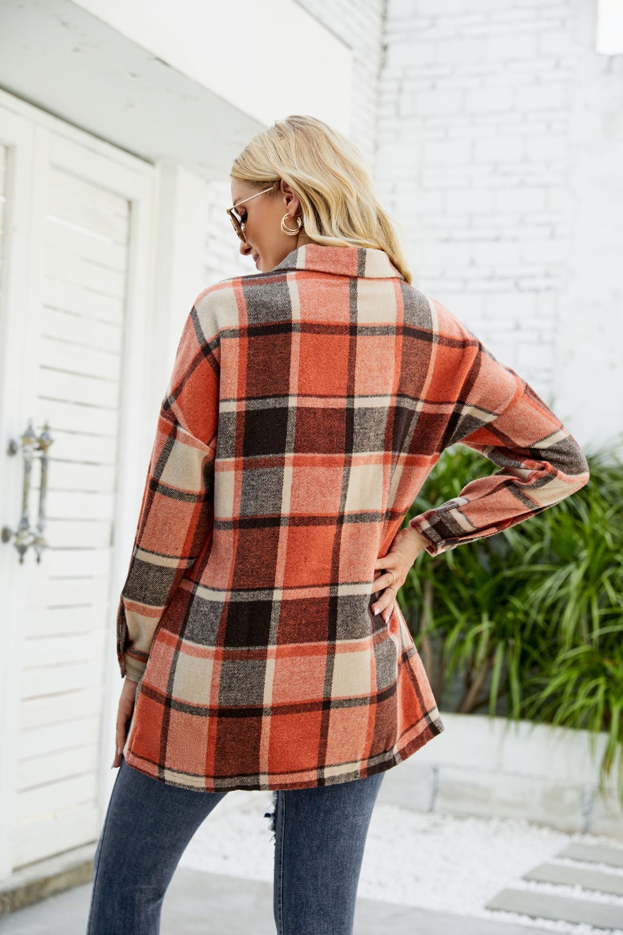 Women's Long-sleeved Plaid Shirt Mid-length Woolen Coat