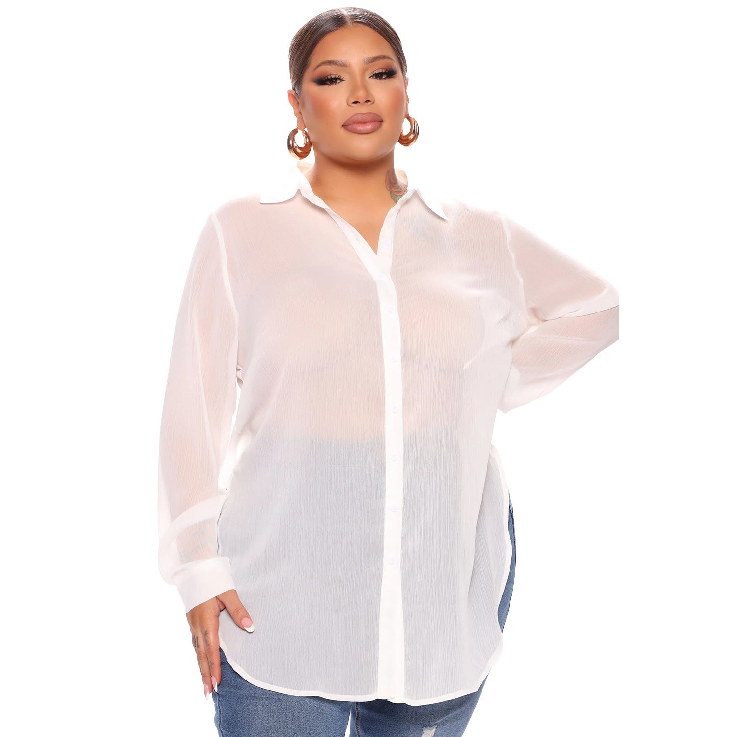 Women's Fashion Long Sleeve Shirts See-Through Protective Clothes
