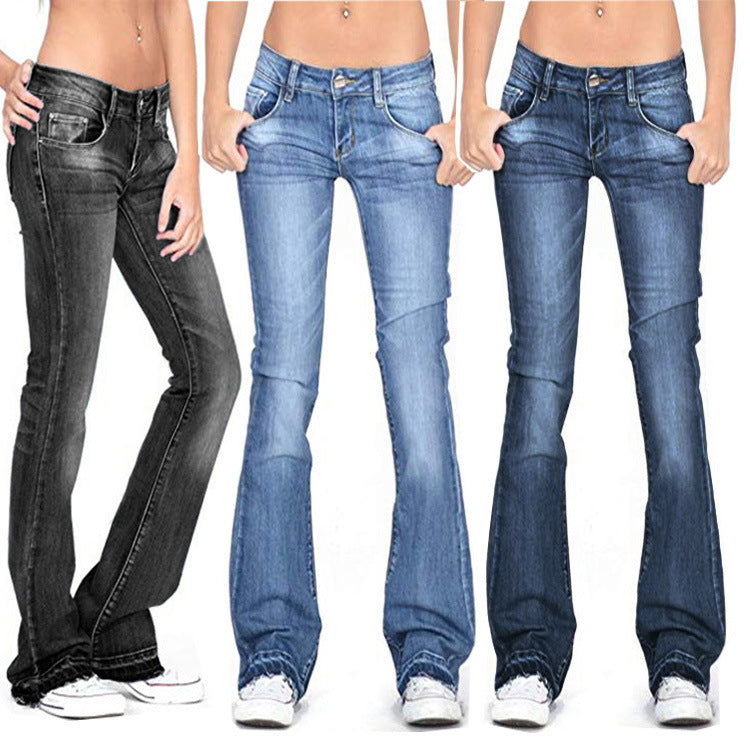 Three styles of women's jeans trousers in black, light blue, and dark blue with a flared leg design and front pockets.