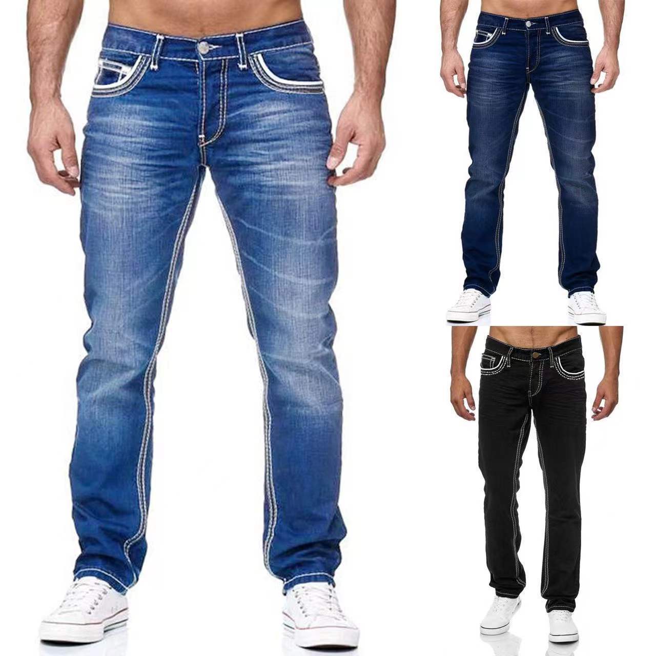 Men Jeans With Pockets Straight Pants Business Casual Daily Streetwear Trousers Men's Clothing - Urban Stylez Outlet 