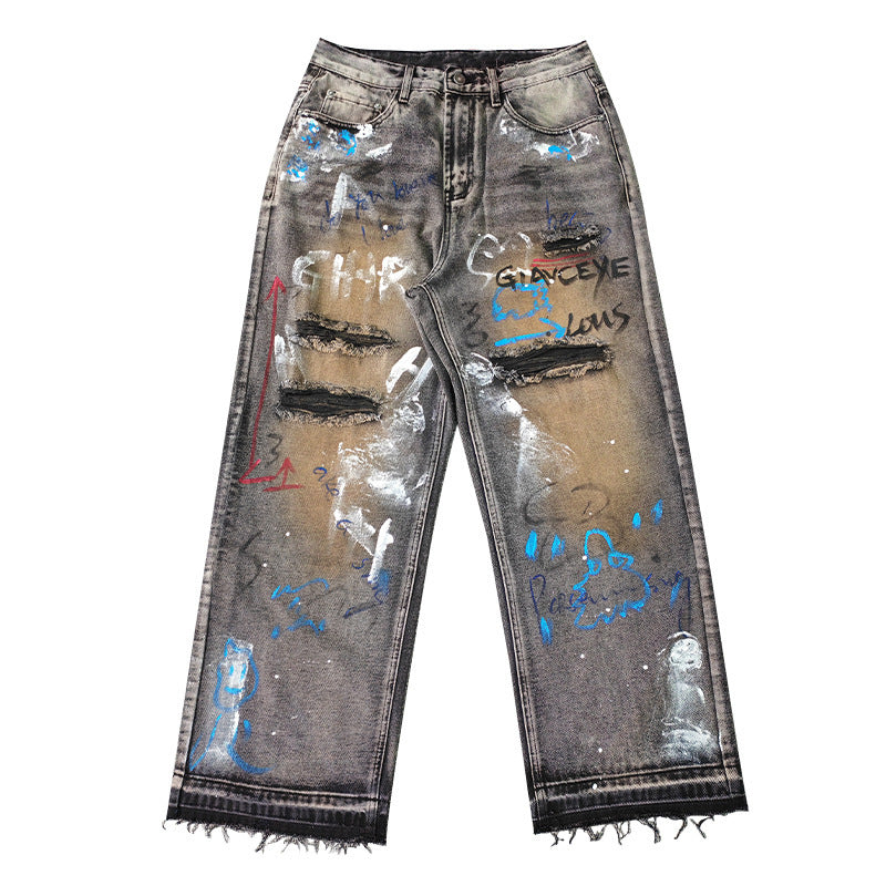 Street Graffiti Ripped Jeans Men Loose Straight Neutral