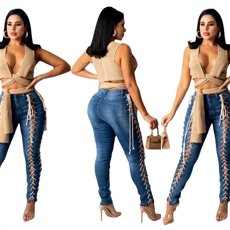 Women's Fashion Wear Rope Elastic Slim Fit Denim Pants