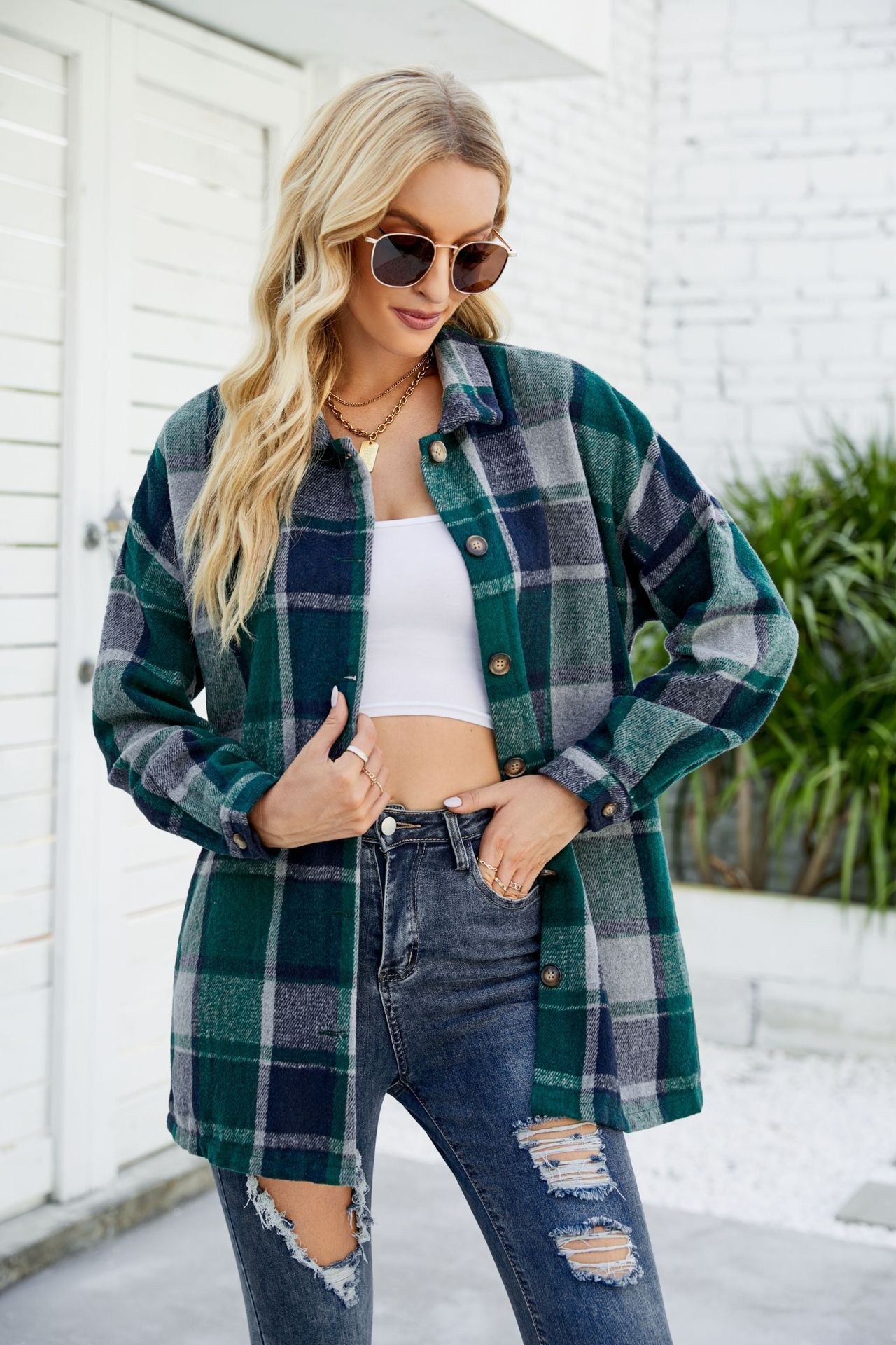 Women's Long-sleeved Plaid Shirt Mid-length Woolen Coat