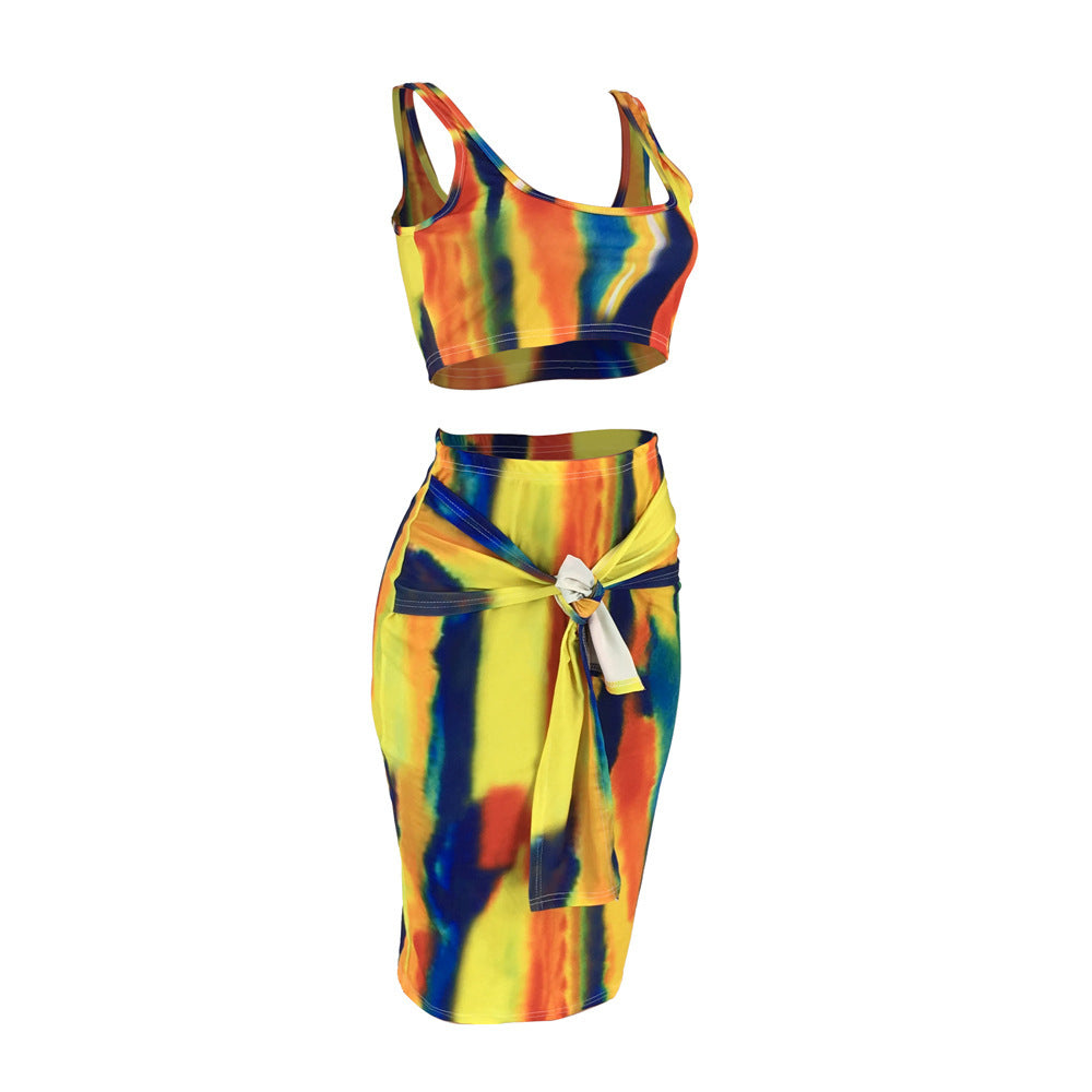 Women's tie-dye suspender skirt suit