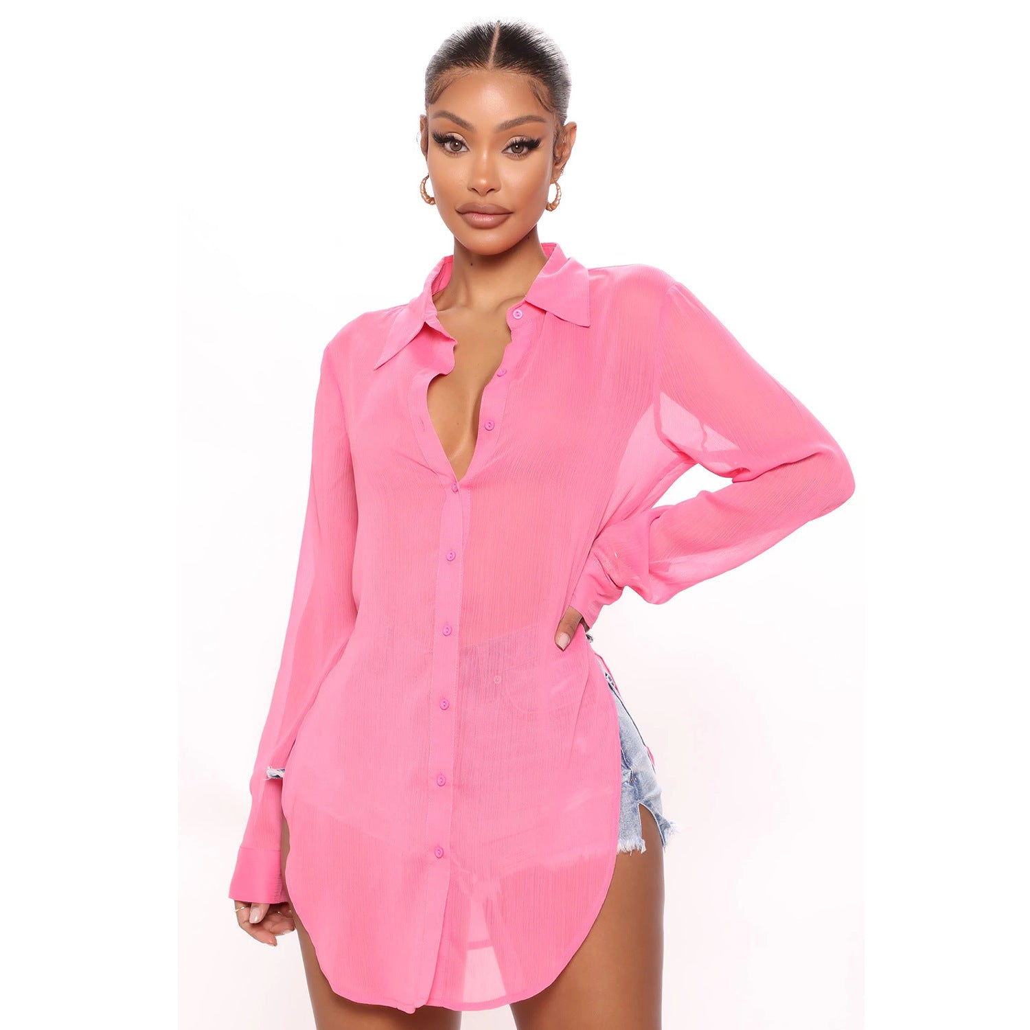 Women's Fashion Long Sleeve Shirts See-Through Protective Clothes