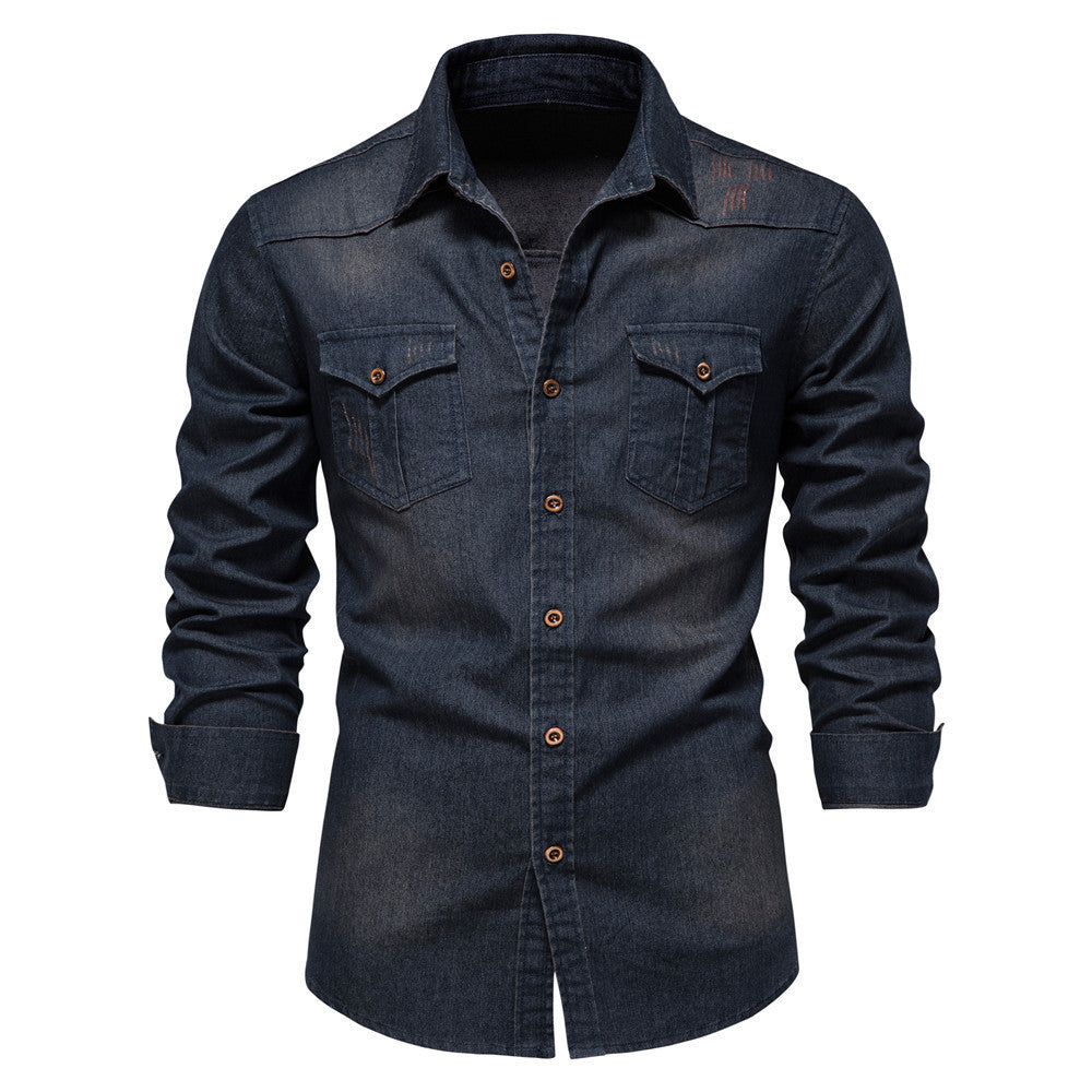 Men's long-sleeved slim fit denim shirt with button closure and chest pockets in dark blue cotton fabric