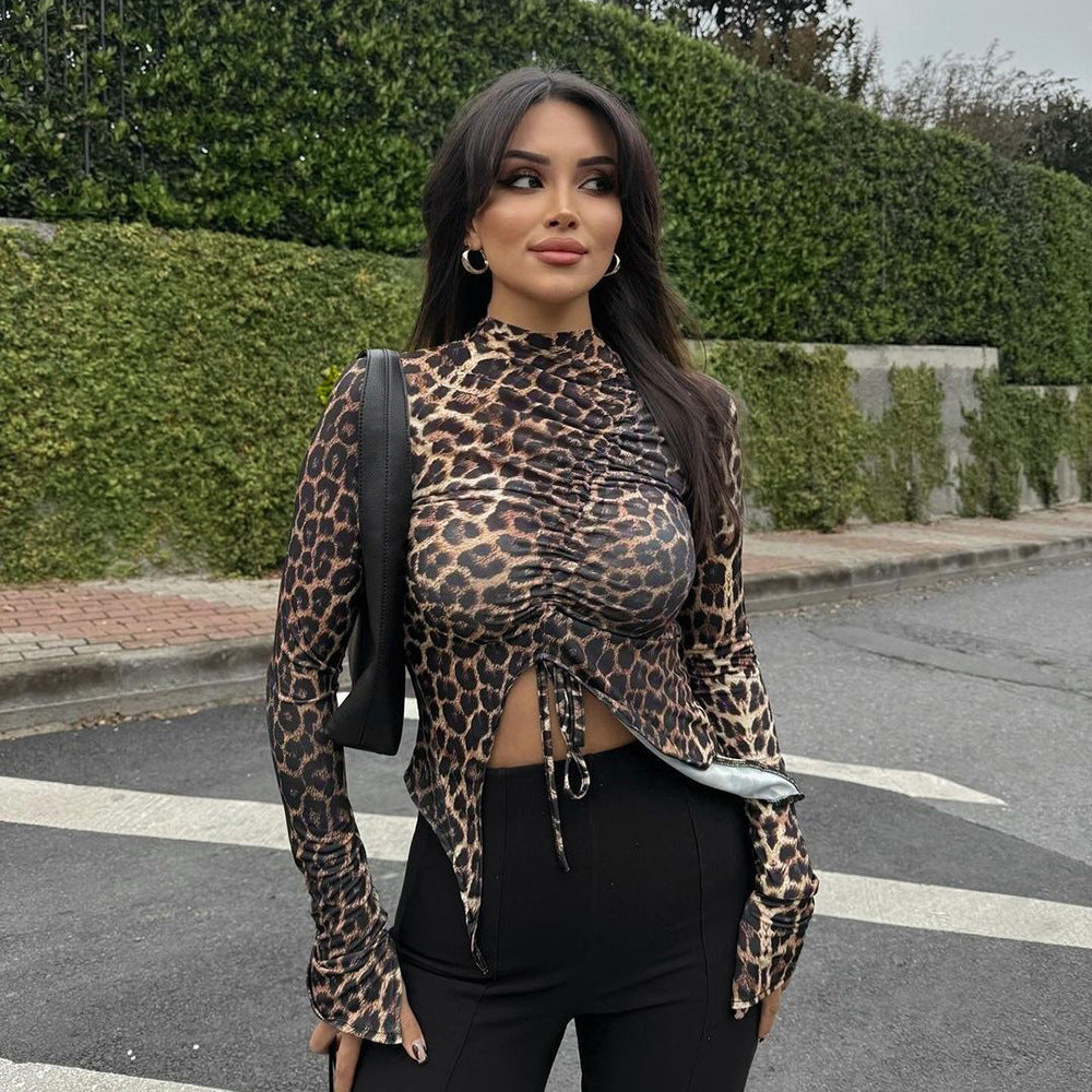 Female Leopard Print Drawstring Versatile Tight Long Sleeved Shirt