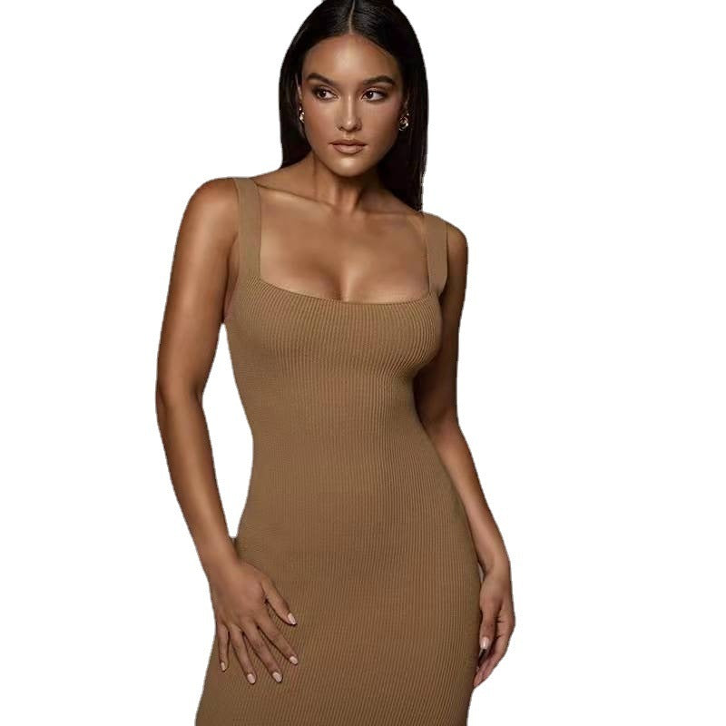 Women's New Color Casual Thread U Neck Vest Long Solid Color Dress