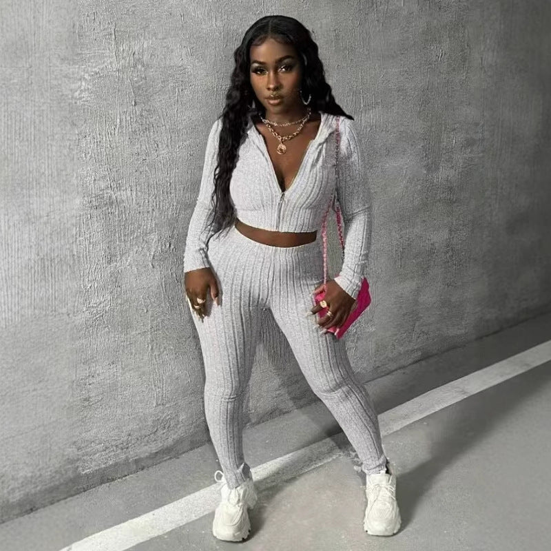 Casual Solid Color Knitted Long-sleeved Two-piece Set