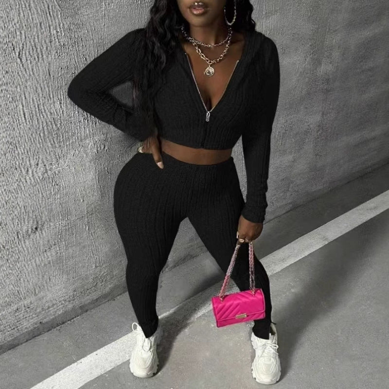 Casual Solid Color Knitted Long-sleeved Two-piece Set