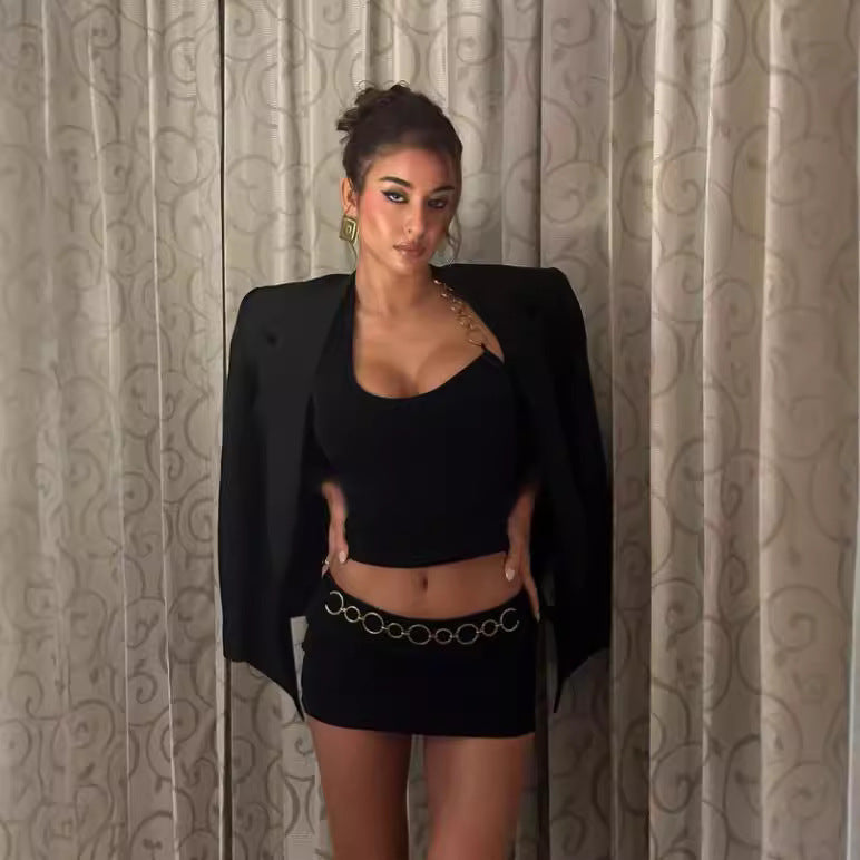 Iron Chain Halter Wrapped Chest Ultra Short Skirt Outfit