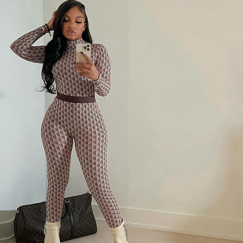 Printed Street Round Neck Long Sleeve Fitness Jumpsuit