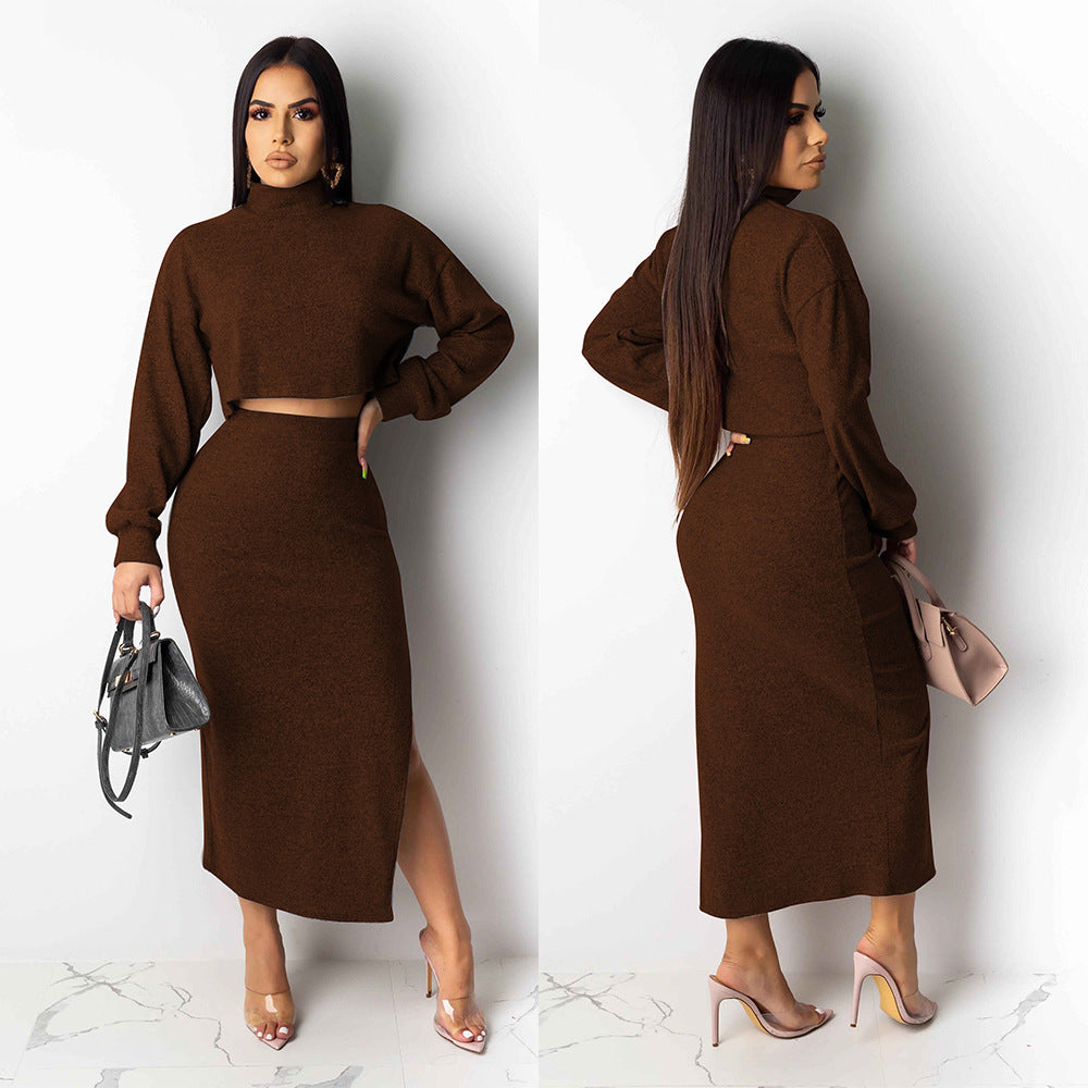 Sexy turtleneck exposed navel split skirt two-piece suit