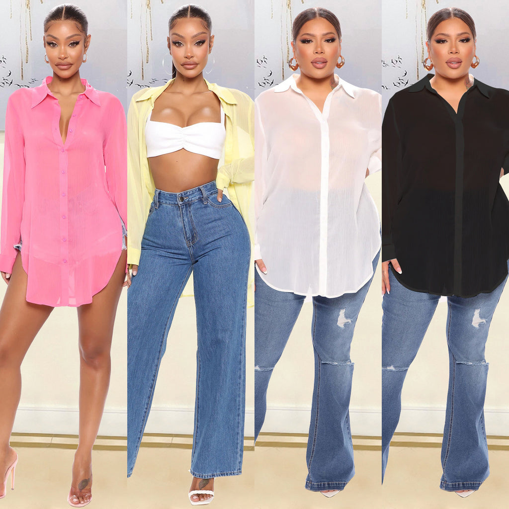 Women's Fashion Long Sleeve Shirts See-Through Protective Clothes