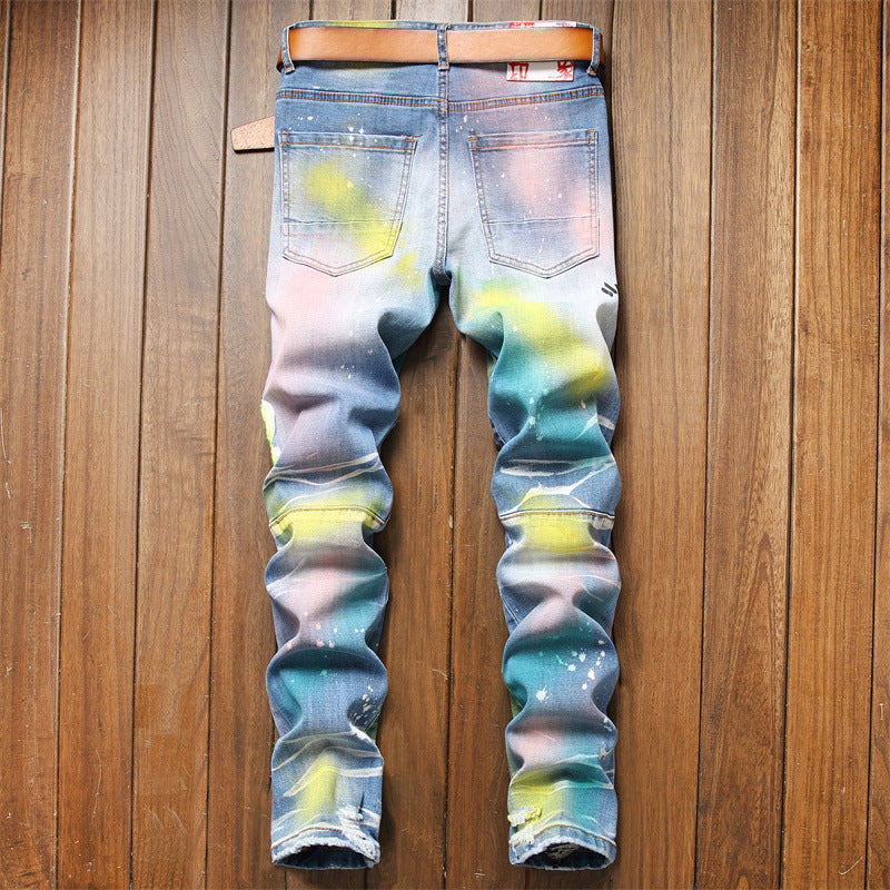 Shredded Patch Blue Painted Men's Stretch Jeans - Urban Stylez Outlet 