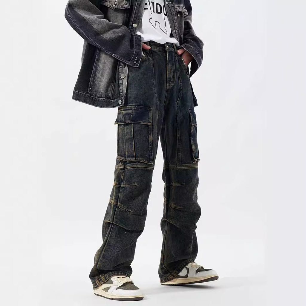 Washed Distressed Multi-pocket Jeans Wide-leg Straight Trousers